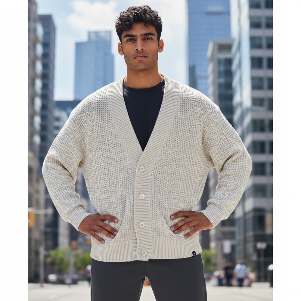 CARDIGAN Sweater AXIS Cotton button-up Fisherman Weave Ivory Sz M